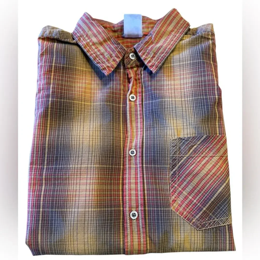 The North Face Gold, Red and Brown  Plaid Long Sleeve Cotton Shirt Mens Large